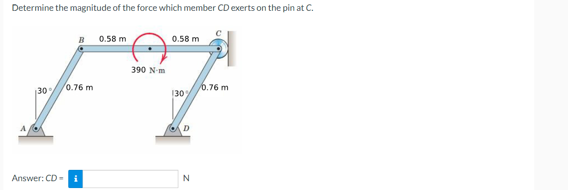 Determine The Magnitude Of The Force Which Member Cd Exerts On The Pin At C B 0 58 M 390 N M F7 0 76 M 130 A 30 Answe 1