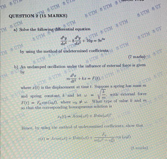 Tm But Questiontm Utm 30 2 Marks A Solve The Following Differential Equation Utm Utm Tm Utm Tm Utm D Y Da Tm Utm Utm 1