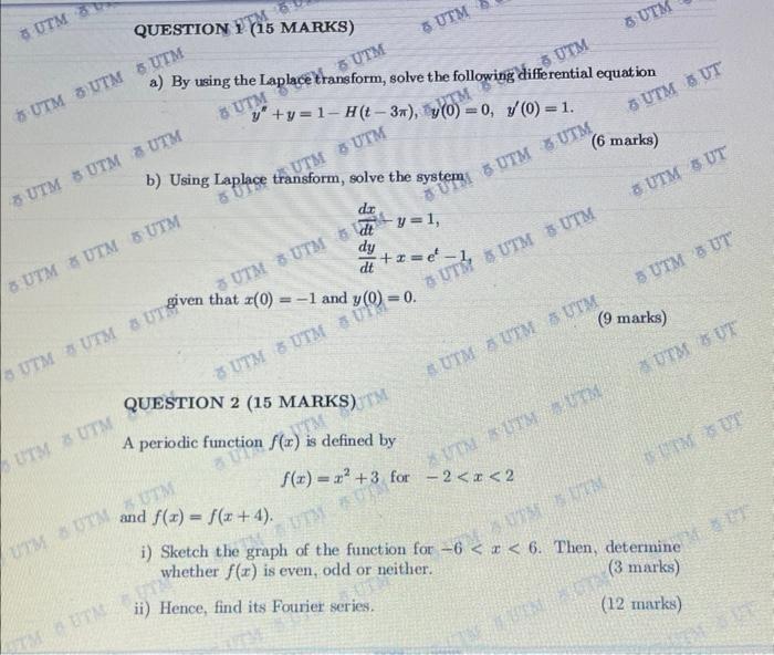 8 Utm 8 Question 1 15 Marks Tm Utm Utm Utm Utm Utm Utm 8 Utm Utm Utm A By Using The Laplace Transform Solve 1