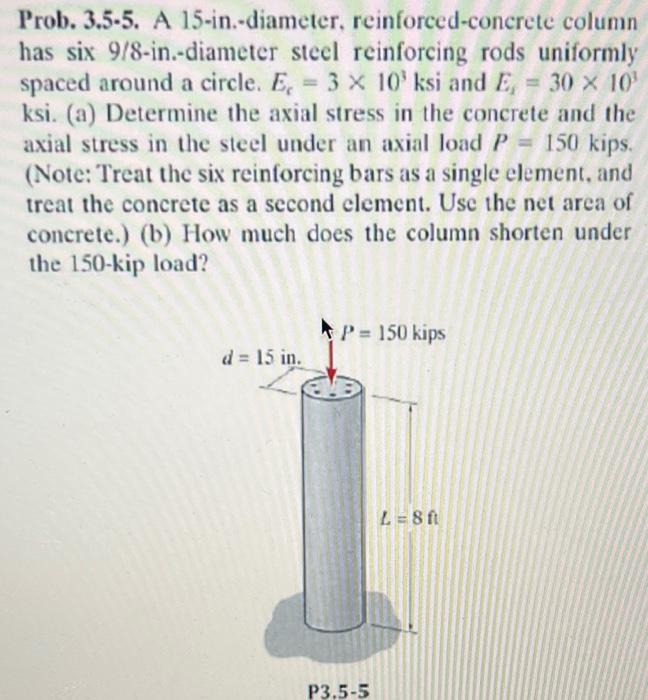 Prob 3 5 5 A 15 In Diameter Reinforced Concrete Column Has Six 9 8 In Diameter Steel Reinforcing Rods Uniformly Spa 1