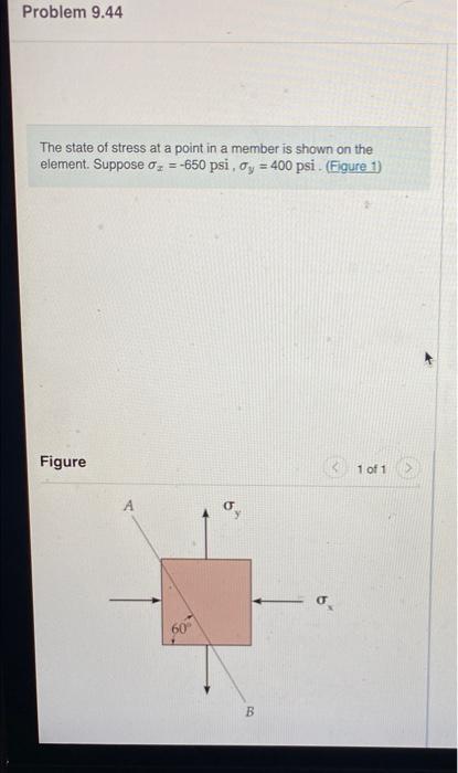 Problem 9 44 The State Of Stress At A Point In A Member Is Shown On The Element Suppose O 650 Psi Oy 400 Psi F 1