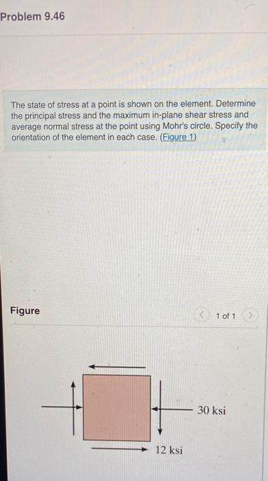 Problem 9 46 The State Of Stress At A Point Is Shown On The Element Determine The Principal Stress And The Maximum In P 1