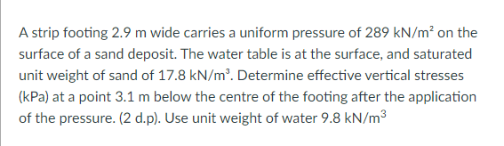 A Strip Footing 2 9 M Wide Carries A Uniform Pressure Of 289 Kn M On The Surface Of A Sand Deposit The Water Table Is 1