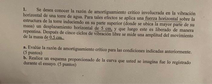 Se Desea Conocer La Razon De Amortiguamiento Critico Involucrada En La Vibracion Horizontal De Una Torre De Agua Para T 1