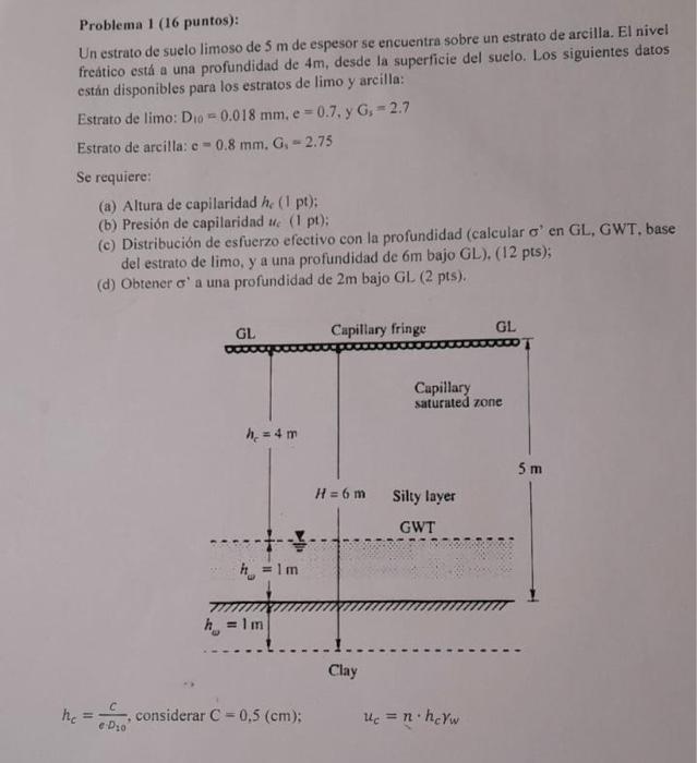Problema 1 16 Puntos Un Estrato De Suelo Limoso De 5 M De Espesor Se Encuentra Sobre Un Estrato De Arcilla El Nivel 1