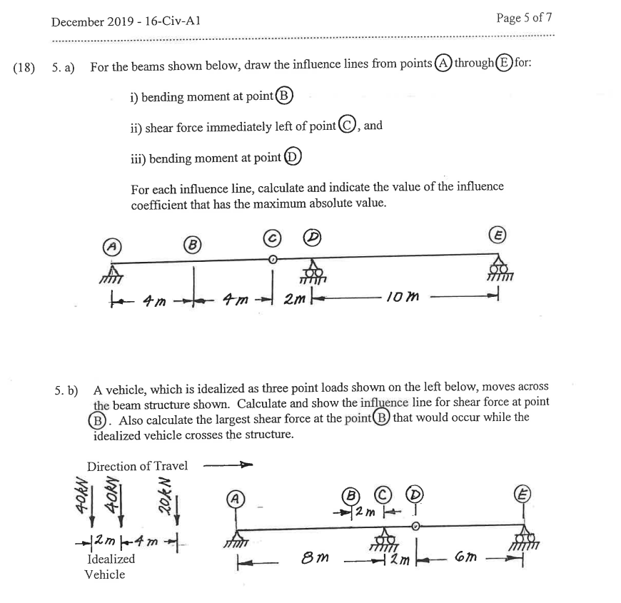 December 2019 16 Civ Al 18 5 A For The Beams Shown Below Draw The Influence Lines From Points A Through For I B 1