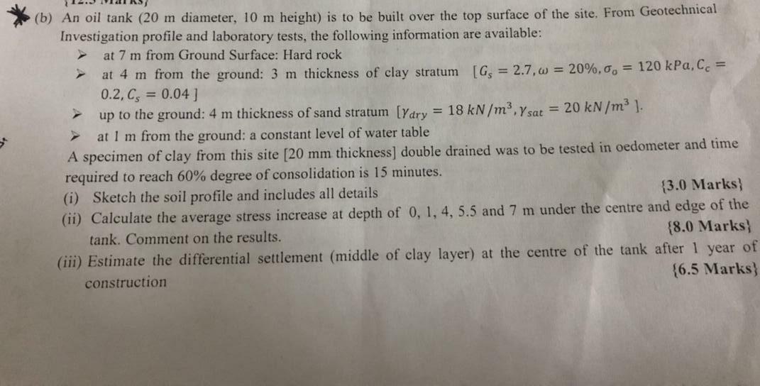B An Oil Tank 20 M Diameter 10 M Height Is To Be Built Over The Top Surface Of The Site From Geotechnical Investig 1
