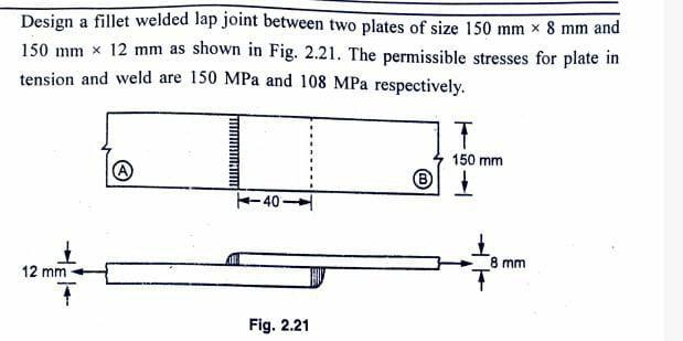 Design A Fillet Welded Lap Joint Between Two Plates Of Size 150 Mm 8 Mm And 150 Mm X 12 Mm As Shown In Fig 2 21 The 1
