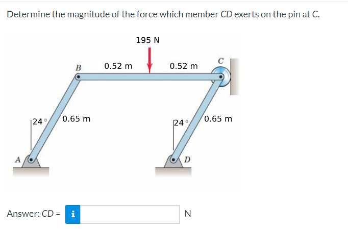 Determine The Magnitude Of The Force Which Member Cd Exerts On The Pin At C A 124 B 0 65 M Answer Cd I 0 52 M 195 N 0 1