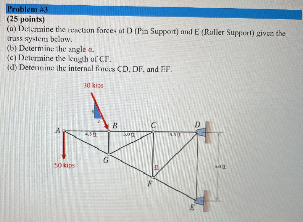 Problem 3 25 Points A Determine The Reaction Forces At D Pin Support And E Roller Support Given The Truss Syste 1