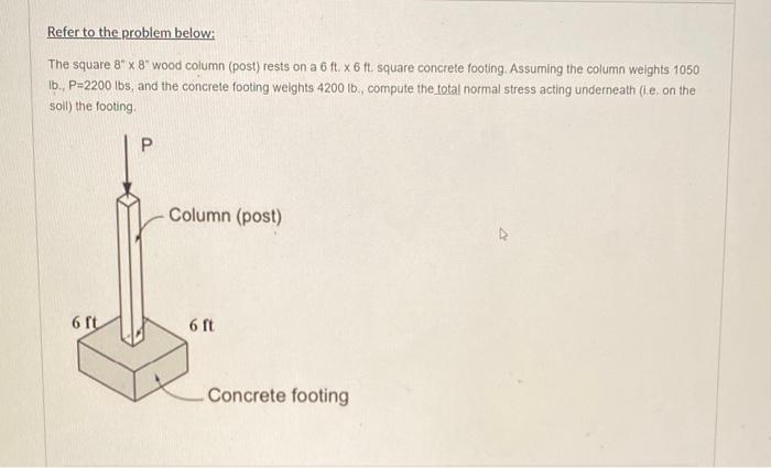 Refer To The Problem Below The Square 8 X 8 Wood Column Post Rests On A 6 Ft X 6 Ft Square Concrete Footing Assu 1