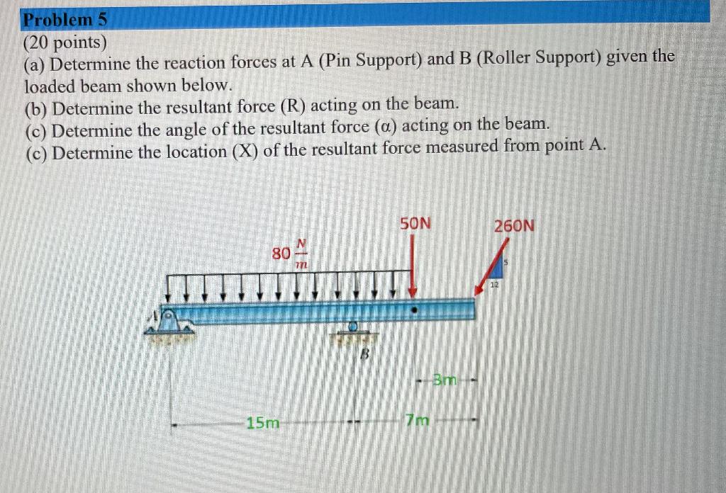 Problem 5 20 Points A Determine The Reaction Forces At A Pin Support And B Roller Support Given The Loaded Beam 1