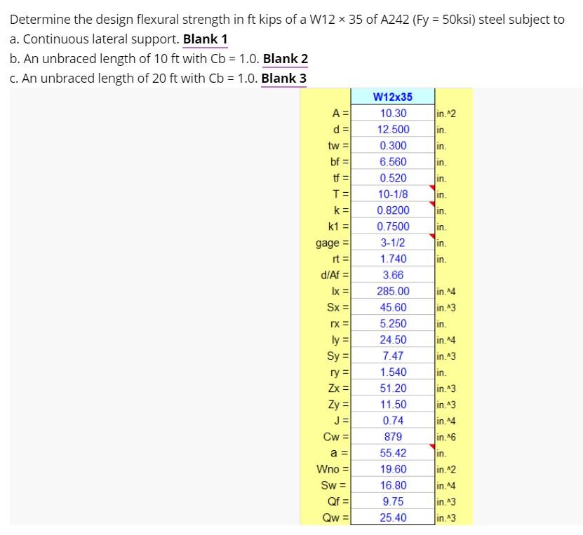 Determine The Design Flexural Strength In Ft Kips Of A W12 X 35 Of A242 Fy 50ksi Steel Subject To A Continuous Late 1