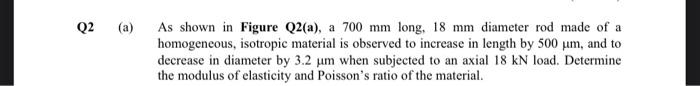 Q2 A As Shown In Figure Q2 A A 700 Mm Long 18 Mm Diameter Rod Made Of A Homogeneous Isotropic Material Is Observed 1