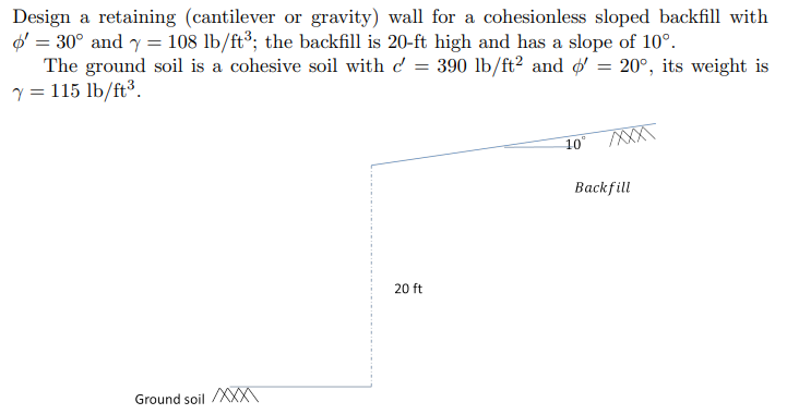 Design A Retaining Cantilever Or Gravity Wall For A Cohesionless Sloped Backfill With 30 And Y 108 Lb Ft The 1