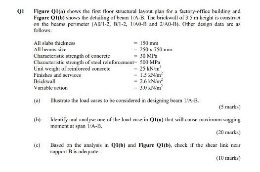 Qi Figure Q1 A Shows The First Floor Structural Layout Plan For A Factory Office Building And Figure Q1 B Shows The De 1