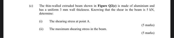 C The Thin Walled Extruded Beam Shown In Figure Q2 C Is Made Of Aluminium And Has A Uniform 3 Mm Wall Thickness Know 1