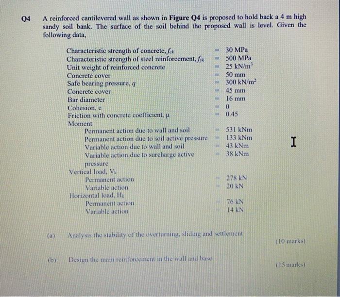 Q4 A Reinforced Cantilevered Wall As Shown In Figure Q4 Is Proposed To Hold Back A 4 M High Sandy Soil Bank The Surface 1