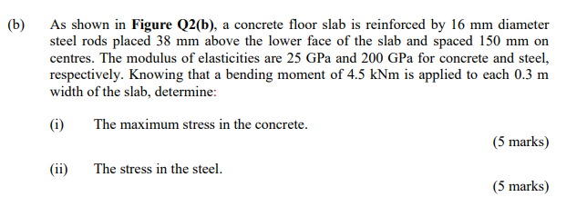 B As Shown In Figure Q2 B A Concrete Floor Slab Is Reinforced By 16 Mm Diameter Steel Rods Placed 38 Mm Above The Lo 1