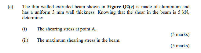 C The Thin Walled Extruded Beam Shown In Figure Q2 C Is Made Of Aluminium And Has A Uniform 3 Mm Wall Thickness Know 1