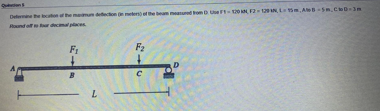 Question 5 Determine The Location Of The Maximum Deflection In Meters Of The Beam Measured From D Use F1 120 Kn F2 1