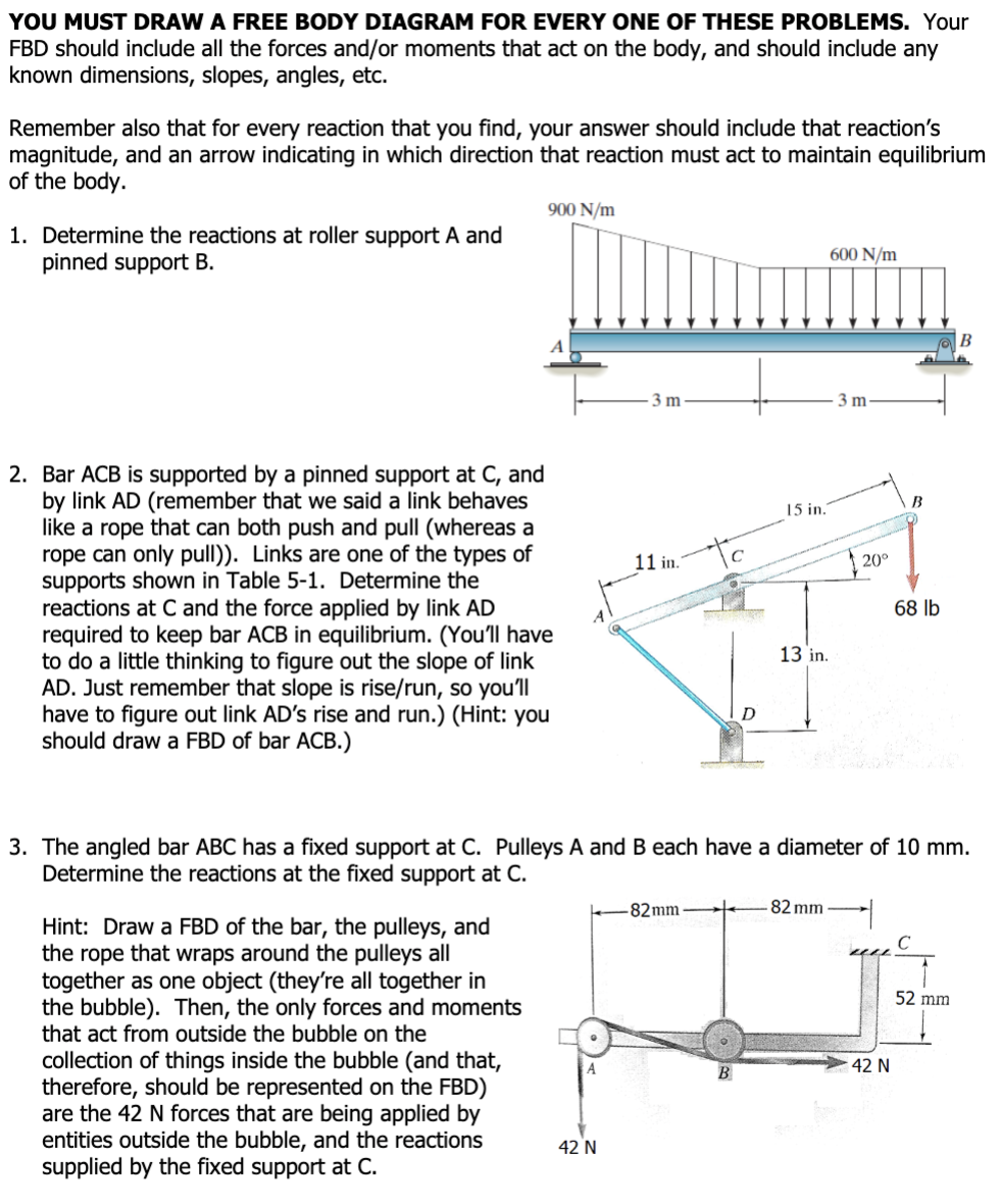 You Must Draw A Free Body Diagram For Every One Of These Problems Your Fbd Should Include All The Forces And Or Moments 1