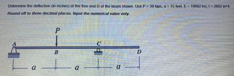 Determine The Deflection In Inches At The Free End D Of The Beam Shown Use P 39 Kips A 15 Feet E 10662 Ksi 1 1
