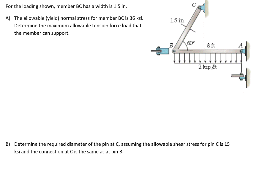 For The Loading Shown Member Bc Has A Width Is 1 5 In A The Allowable Yield Normal Stress For Member Bc Is 36 Ksi 1