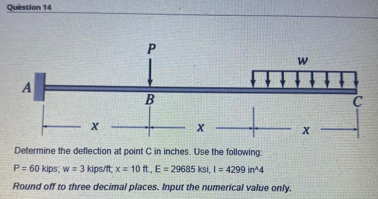 Question 14 A X P B X W Determine The Deflection At Point C In Inches Use The Following P 60 Kips W 3 Kip 1