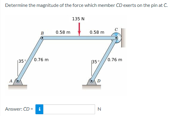 Determine The Magnitude Of The Force Which Member Cd Exerts On The Pin At C A 135 B 0 76 M Answer Cd I 0 58 M 135 N 1