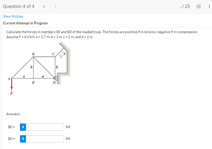 Question 4 Of 4 View Policies Current Attempt In Progress Answers Calculate The Forces In Members Be And Bd Of The Load 1
