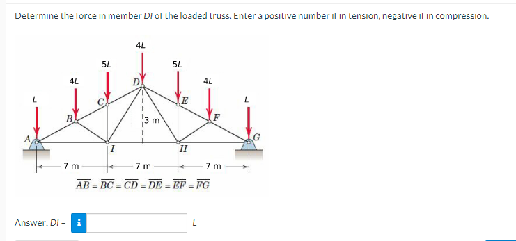 Determine The Force In Member Di Of The Loaded Truss Enter A Positive Number If In Tension Negative If In Compression 1