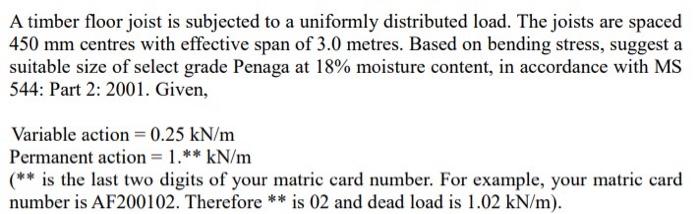 A Timber Floor Joist Is Subjected To A Uniformly Distributed Load The Joists Are Spaced 450 Mm Centres With Effective S 1