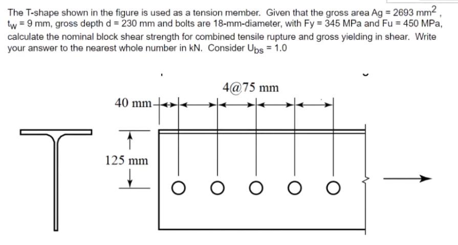 The T Shape Shown In The Figure Is Used As A Tension Member Given That The Gross Area Ag 2693 Mm Tw 9 Mm Gross D 1