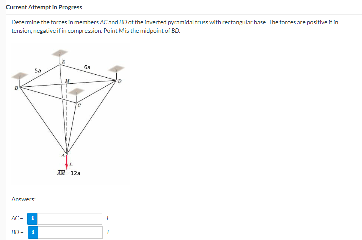 Current Attempt In Progress Determine The Forces In Members Ac And Bd Of The Inverted Pyramidal Truss With Rectangular B 1