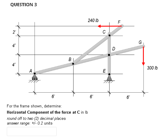 Question 3 4 A Bi 240 Lb For The Frame Shown Determine Horizontal Component Of The Force At C In Lb Round Off To Two 1