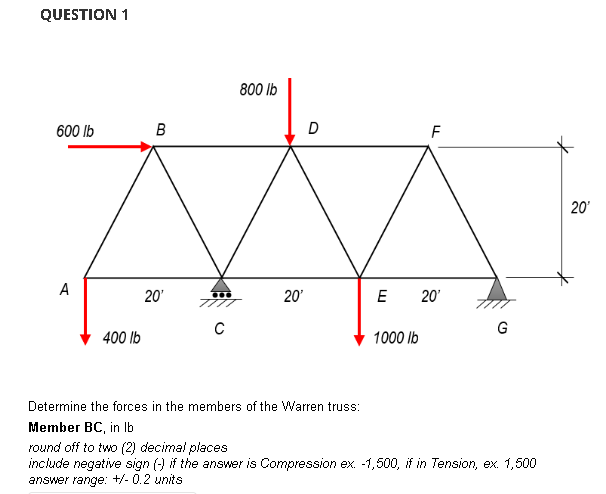 Question 1 600 Lb A 400 Lb B 20 C 800 Lb 20 D F E 20 1000 Lb G Determine The Forces In The Members Of The Warren Trus 1