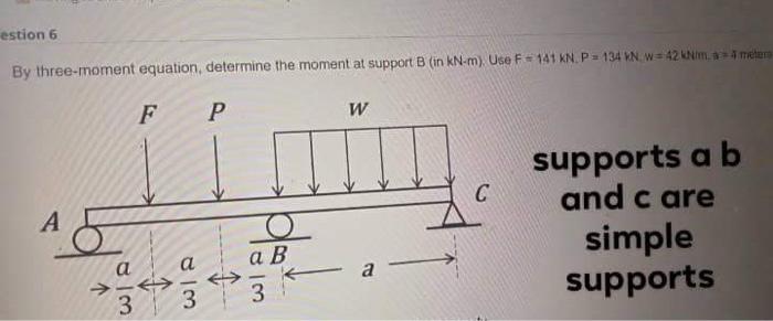 Estion 6 By Three Moment Equation Determine The Moment At Support B In Kn M Use F 141 Kn P 134 Kn W 42 Kn M A4 2