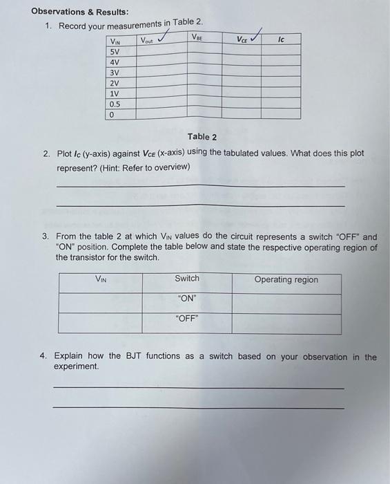 Voc 12v R1 1k R2 Vout Vcr 10k Q1 2n3904 Vin Figure 6 Bjt As A Switch Procedures A Connect The Circuit In Figure 6 2