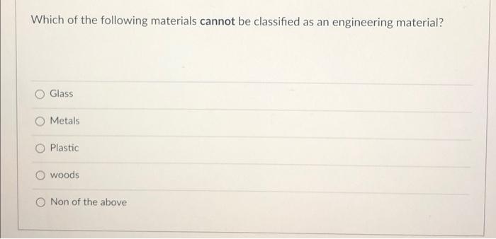 Which Of The Following Materials Cannot Be Classified As An Engineering Material Glass Metals Plastic Woods Non Of The 1