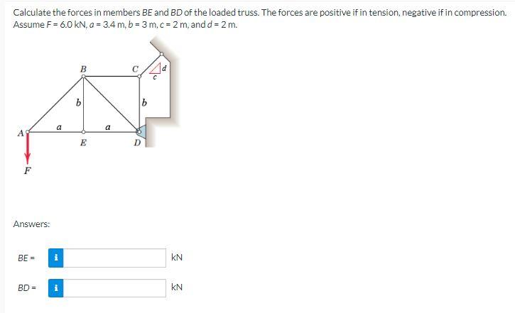 Calculate The Forces In Members Be And Bd Of The Loaded Truss The Forces Are Positive If In Tension Negative If In Com 1