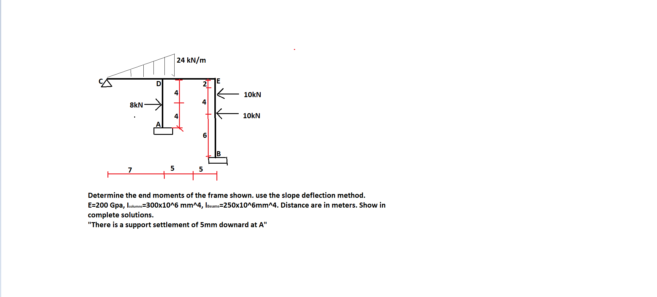 8kn 7 5 24 Kn M 2 4 5 E 10kn 10kn Determine The End Moments Of The Frame Shown Use The Slope Deflection Method E 200 G 1