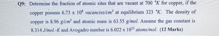 Q9 Determine The Fraction Of Atomic Sites That Are Vacant At 700 K For Copper If The Copper Possess 6 73 X 108 Vacanci 1