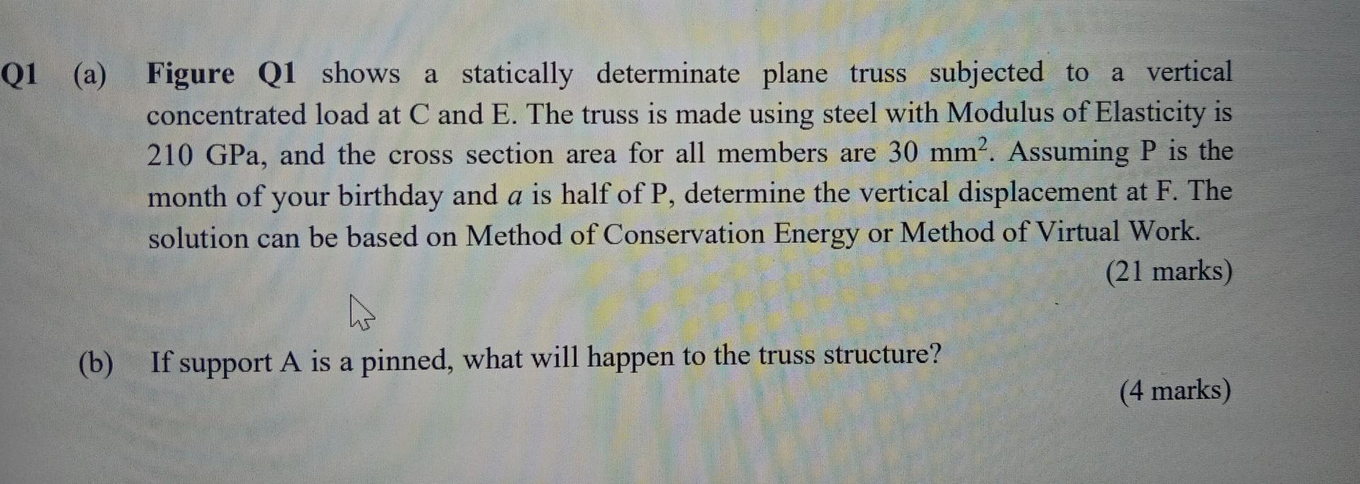 Q1 A Figure Q1 Shows A Statically Determinate Plane Truss Subjected To A Vertical Concentrated Load At C And E The Tr 1