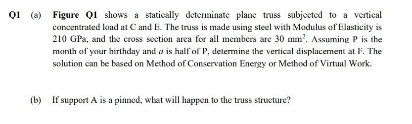 Q1 A Figure Q1 Shows A Statically Determinate Plane Truss Subjected To A Vertical Concentrated Load At C And E The Tr 1