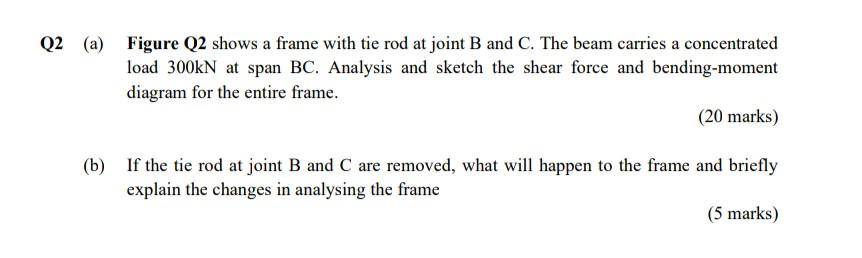 Q2 A Figure Q2 Shows A Frame With Tie Rod At Joint B And C The Beam Carries A Concentrated Load 300kn At Span Bc Ana 1