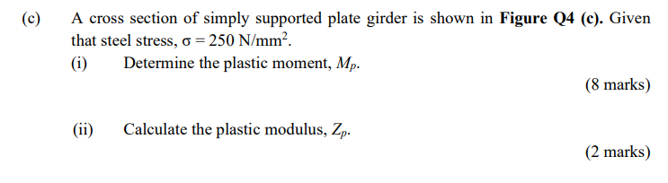 C A Cross Section Of Simply Supported Plate Girder Is Shown In Figure Q4 C Given That Steel Stress O 250 N Mm 1
