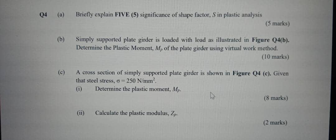 Q4 A B Briefly Explain Five 5 Significance Of Shape Factor S In Plastic Analysis 5 Marks Simply Supported Plat 1