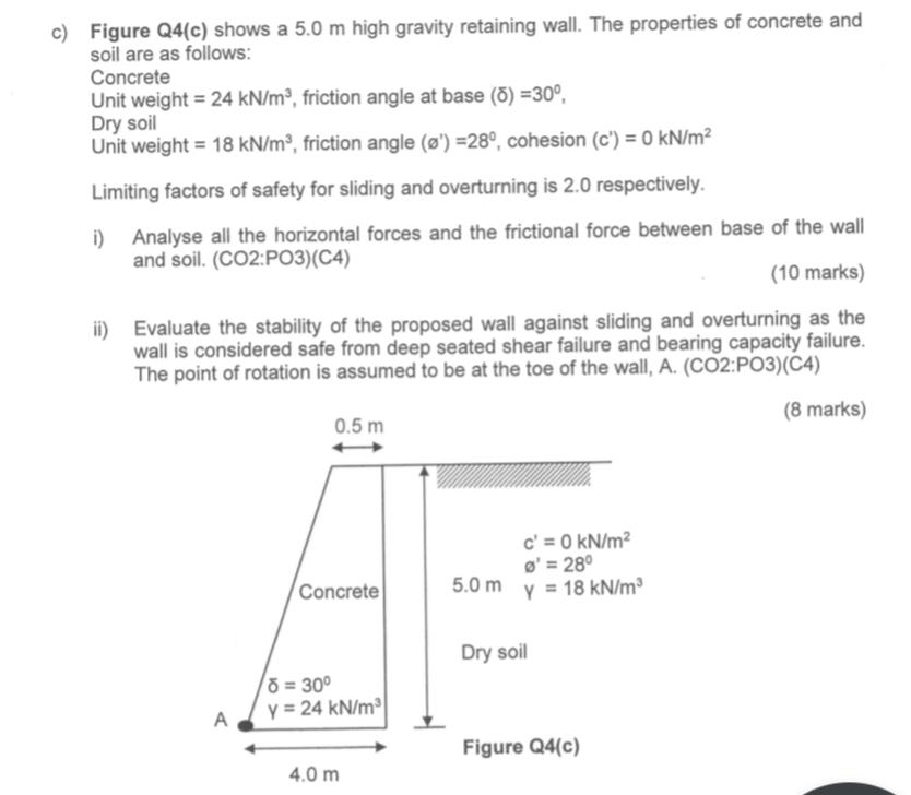 C Figure Q4 C Shows A 5 0 M High Gravity Retaining Wall The Properties Of Concrete And Soil Are As Follows Concrete 1