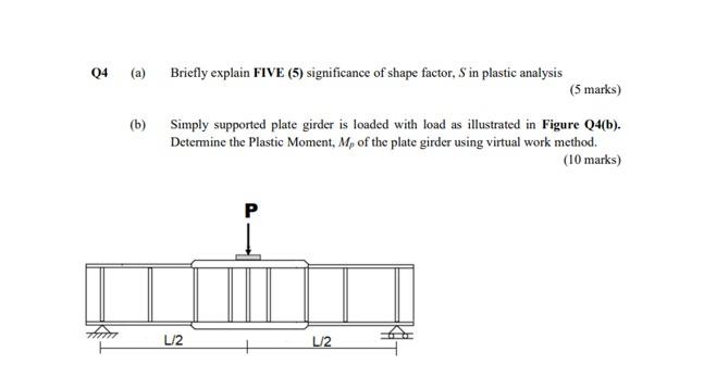 Q4 A B Briefly Explain Five 5 Significance Of Shape Factor S In Plastic Analysis 5 Marks Simply Supported Plate 1